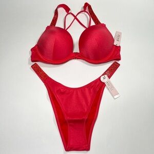 Victoria Secret 32A XS Bombshell Push Up Top Cheeky Bikini Set Shine Strap Red